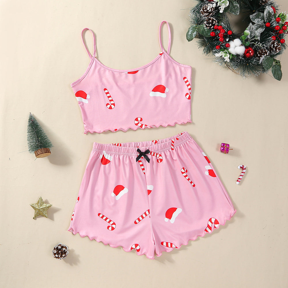 hot-selling christmas european and american style thin pajamas simple printed suspender milk silk shorts sexy two-piece set