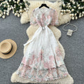 French romantic style heavy lace print dress - women's summer short sleeve high-end slimming waist vacation dress