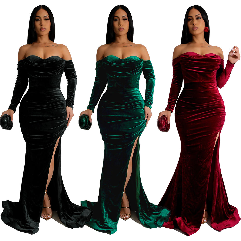 C7157 cross-border   fashion women's solid color slit evening dress low-cut dress new