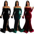 C7157 cross-border   fashion women's solid color slit evening dress low-cut dress new
