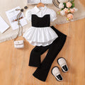 Exportsummergirlsuitshirt waist vest patchwork lace hem fake two-piece kidspantstwo-piece set