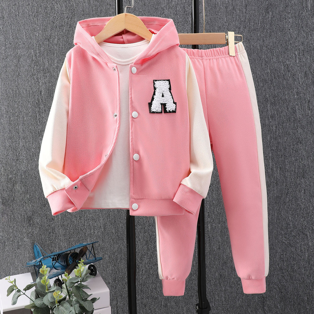 Children's long-sleeved hooded contrasting color a-line suit