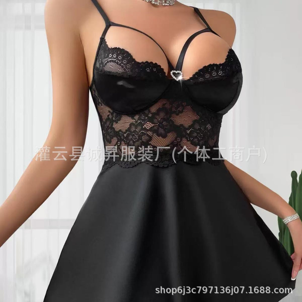 new arrival sexy intimates heart diamond buckle lacepatchwork low-cut suspender skirt backless sexy nightgown