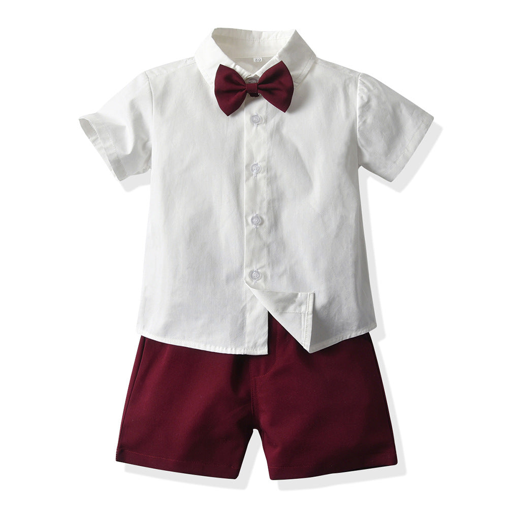 Boys' summer short-sleeve overalls set: cotton white shirt birthday performance outfit, korean style kids' clothing