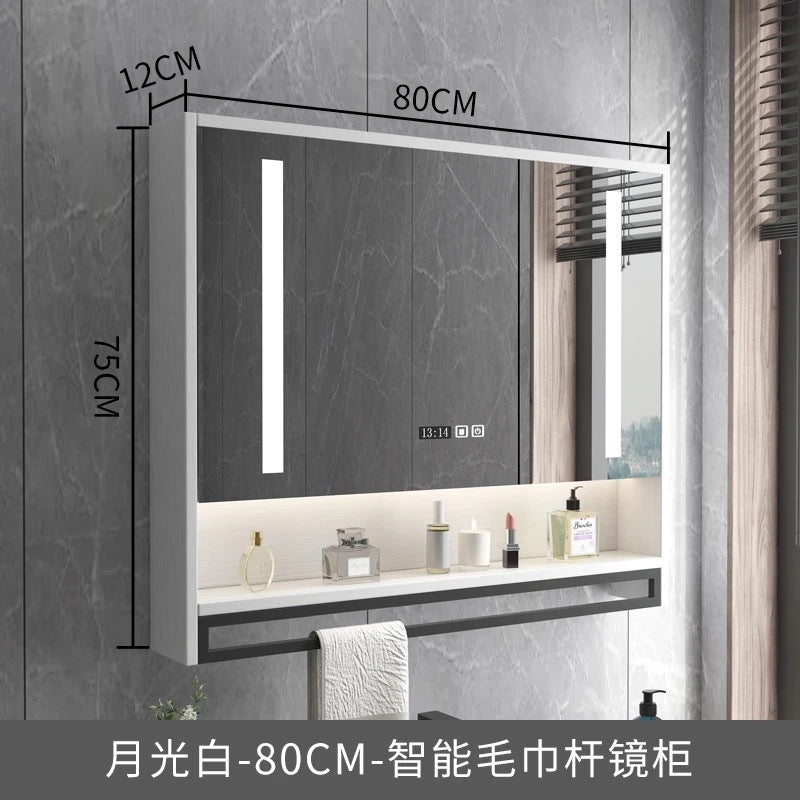 Smart bathroom mirror cabinet wall-mounted with lamp defogging separate solid wood mirror cabinet with towel bar bathroom storage mirror case