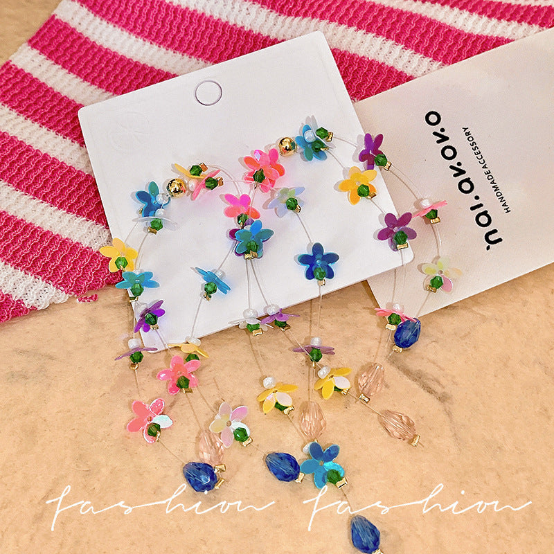 Summer vacation style colorful flower tassel earrings sweet girl slimming look long earrings popular same style jewelry wholesale