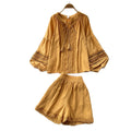 Gentle wind yellow cut outlacetwo-piece set female autumtie back lantern sleeve topssuit relaxed sense outfit