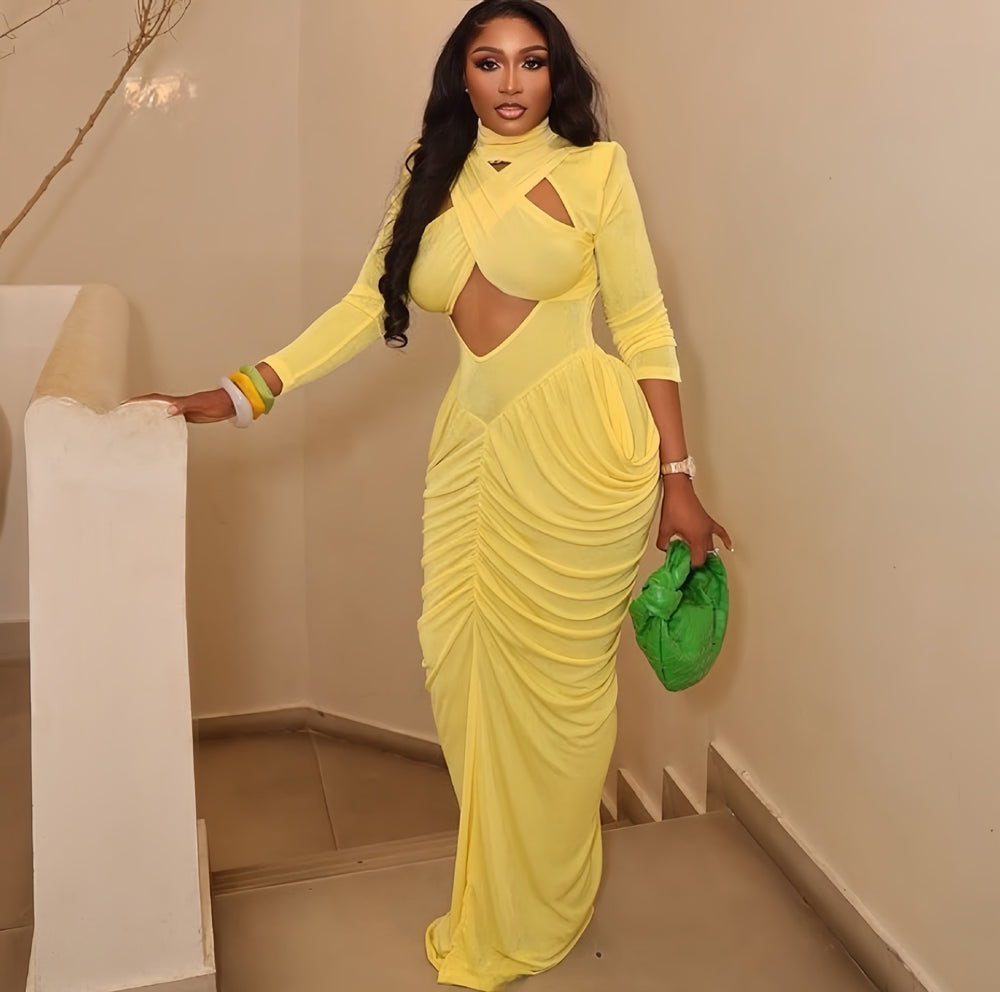European and american cross-border women's fashion:  spring new arrival - solid color long sleeve stand collar cutout bandeau pleated maxi dress