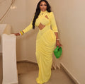 European and american cross-border women's fashion:  spring new arrival - solid color long sleeve stand collar cutout bandeau pleated maxi dress