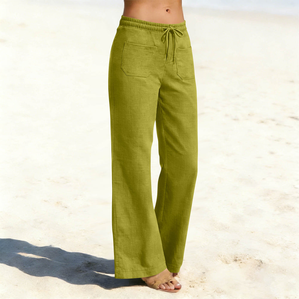 european and american cross-border women's linen-look fashion casual loose comfort solid color straight-leg pants with pockets wide-leg trousers