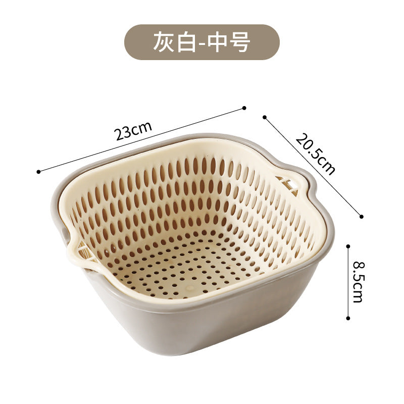 Double-layer vegetable basin drain basket six-piece set kitchen fruit washing tray living room for home square vegetable washing basin vegetable basket