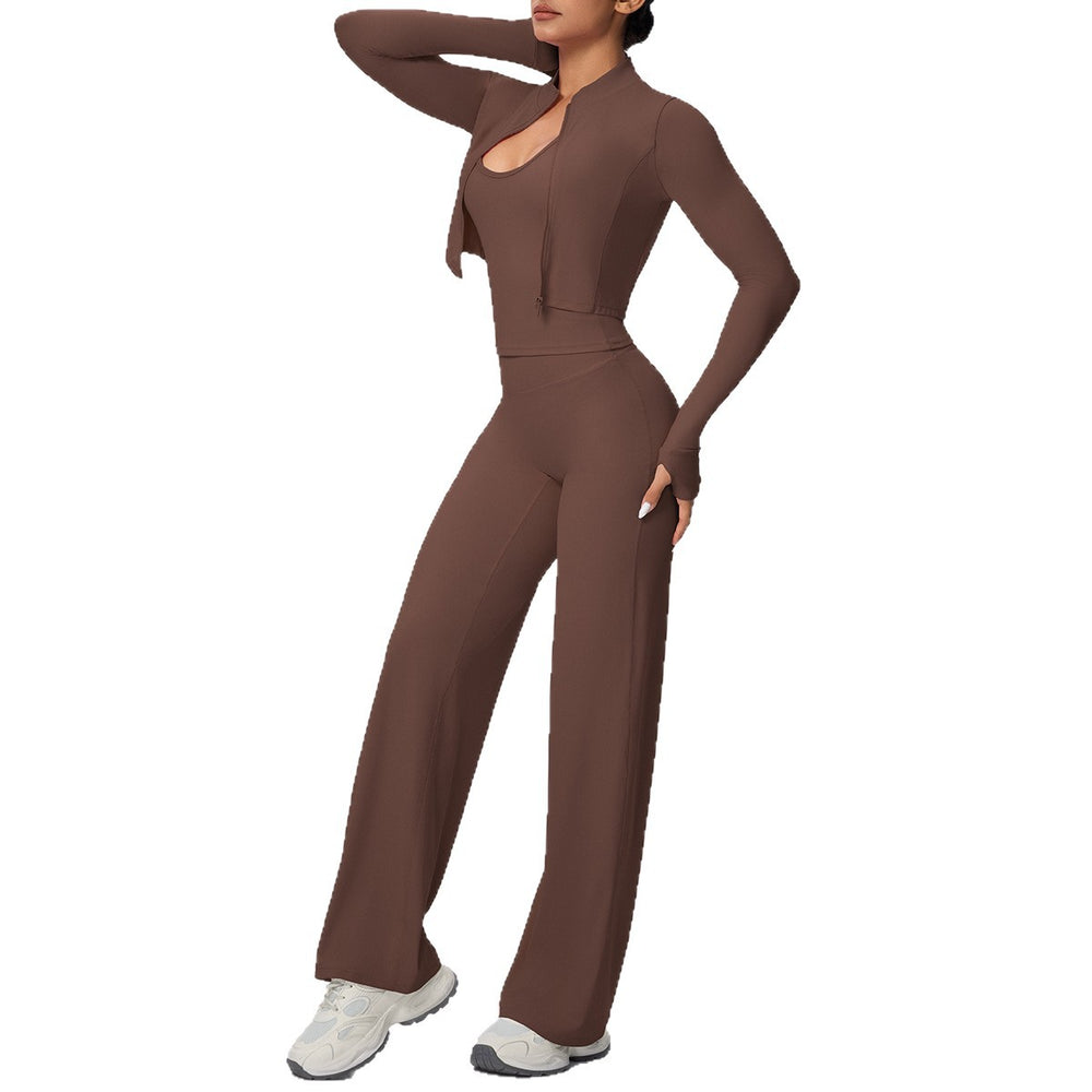 brushed tight drawstring halter vest wide-leg long three-piece set sports running fitness yoga suit
