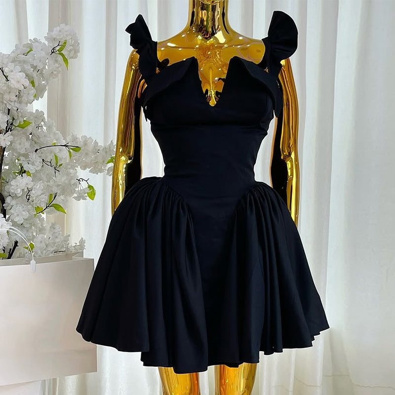 European and american cross-border women's fashion:  summer new arrival - elegant bandeau dress with flutter sleeves, high waist, slimming a-line, and spaghetti straps
