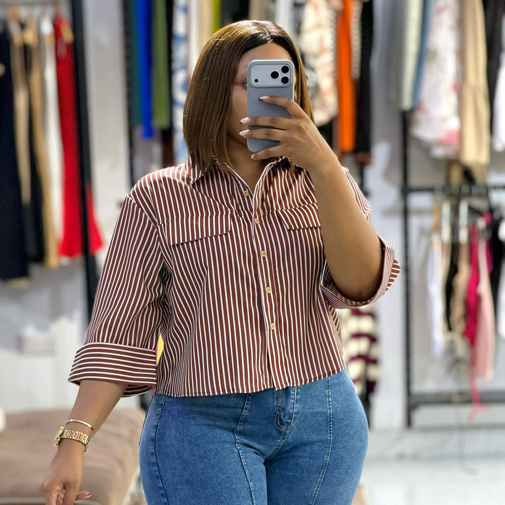 European and american cross-border women's fashion:  summer new arrival - stylish and elegant loose-fit turn-down collar design short striped blouse