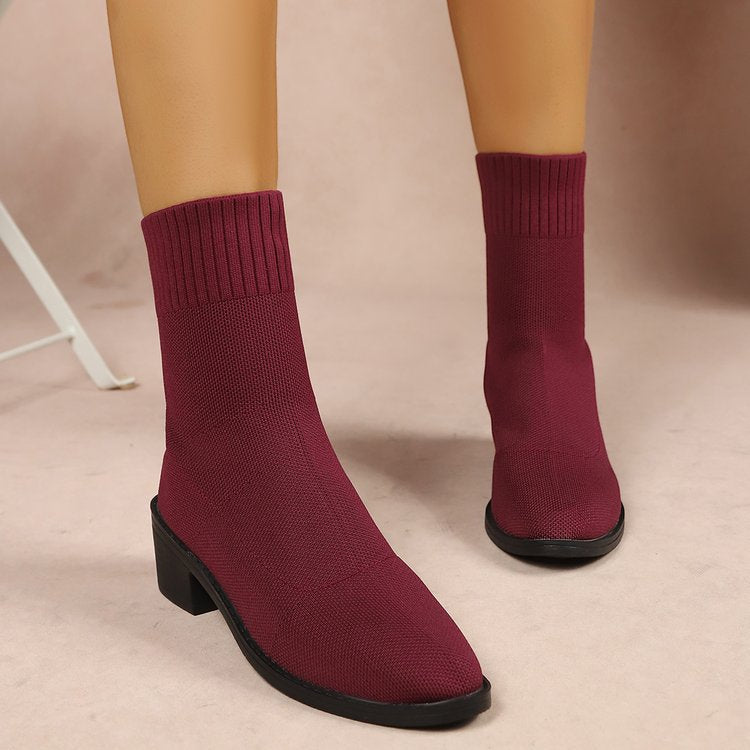Export women's shoes  fashionknittingspring & fall single boots pointed thick heel women's flats thin boots women's mid-heeled short boots