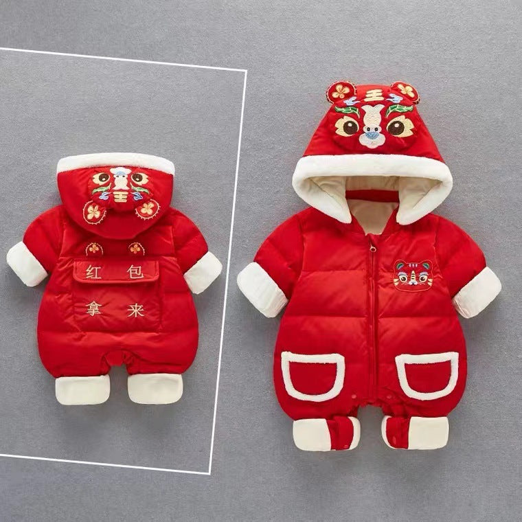 Baby winter new arrival: chinese new year fleece-lined, extra thick, chinese style new year outfit, newborn first birthday warm and festive crawling suit