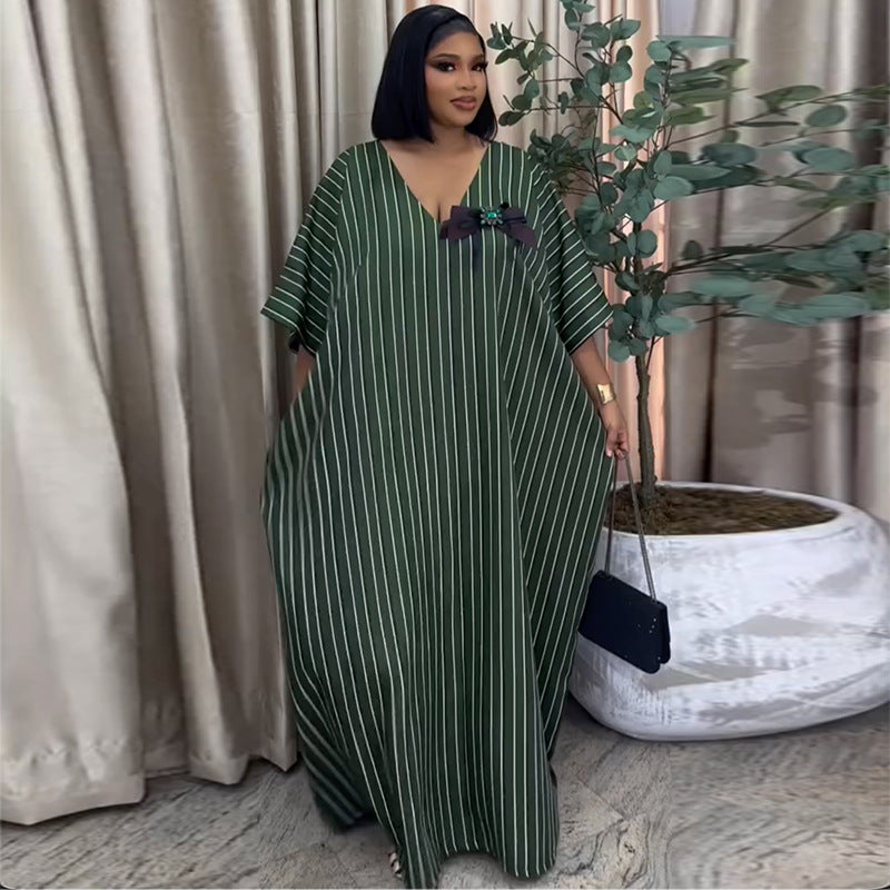 European and american cross-border african women's clothing  spring new arrival: elegant v-neck green striped bowknot loose dress