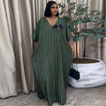 European and american cross-border african women's clothing  spring new arrival: elegant v-neck green striped bowknot loose dress