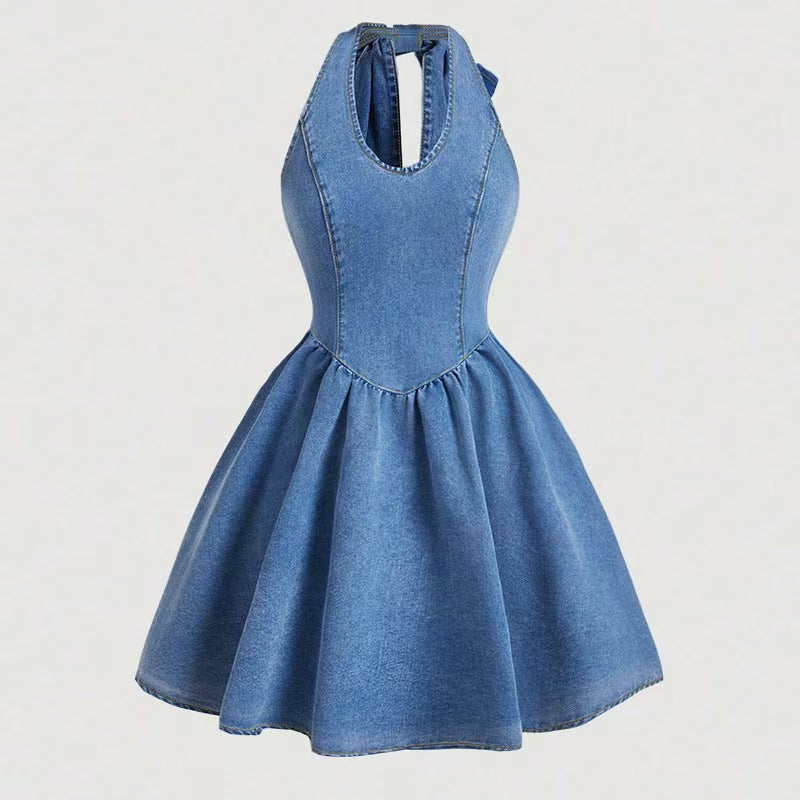 Fashion cross-border export  denim dress women's bows suspender tutu skirt fashion waist skirt women