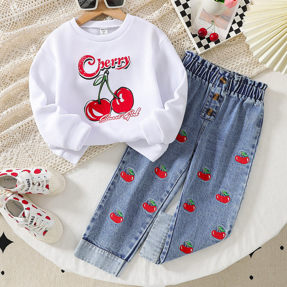 new autumn cross-border girls' cherry print top + embroidered denim washed maxi skirt two-piece set