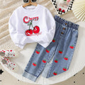 new autumn cross-border girls' cherry print top + embroidered denim washed maxi skirt two-piece set