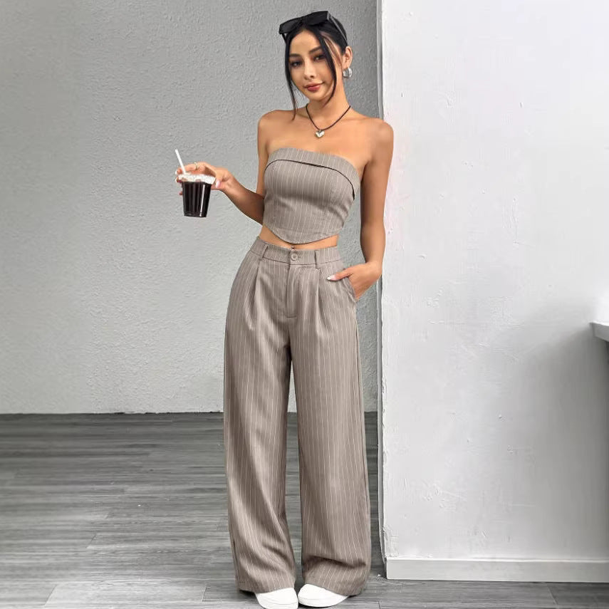 cross-border fashion shein women's striped strapless top and loose, slimming suit pant set