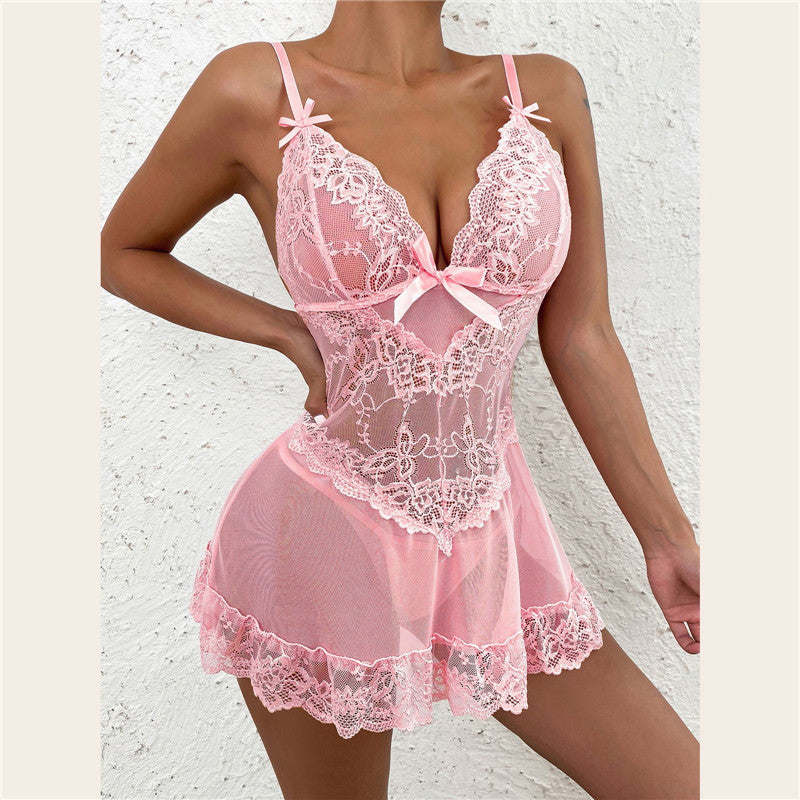 hot-selling european and american sexy see-through lingerie set - plus size mesh lace temptation sleepwear for cross-border e-commerce