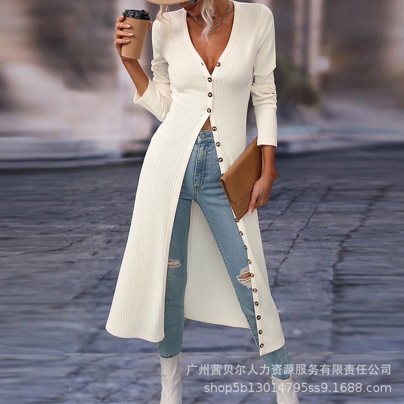 Shangxin Foreign Trade 2023 European and American Button Long Pit Strip Thin Jacket Open Dress