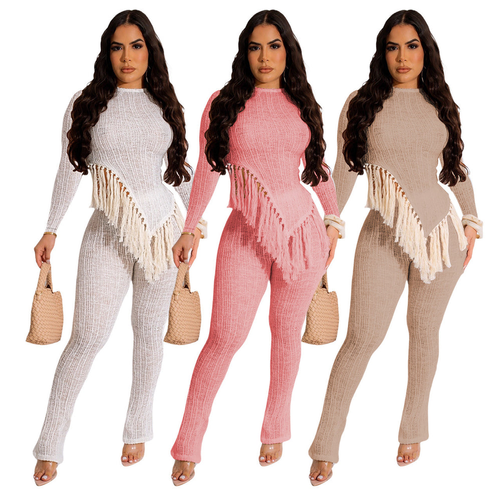 cross-border fashion: new autumn solid color long sleeve tassel hem pants two-piece set for  (us & europe)
