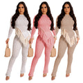 cross-border fashion: new autumn solid color long sleeve tassel hem pants two-piece set for  (us & europe)