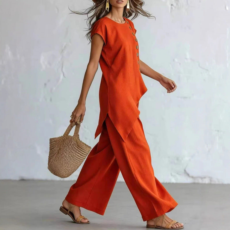 Amazon european fashion casual chic solid color crew neck irregular top & summer casual pants two-piece set