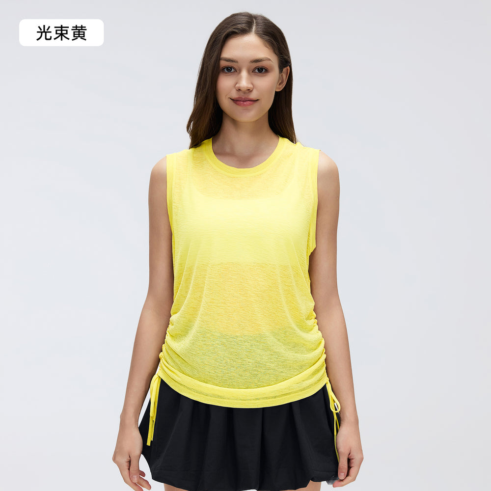 Simple round neck sleeveless sports tank top women's thin breathable side drawstring yoga top cover-up summer d26097