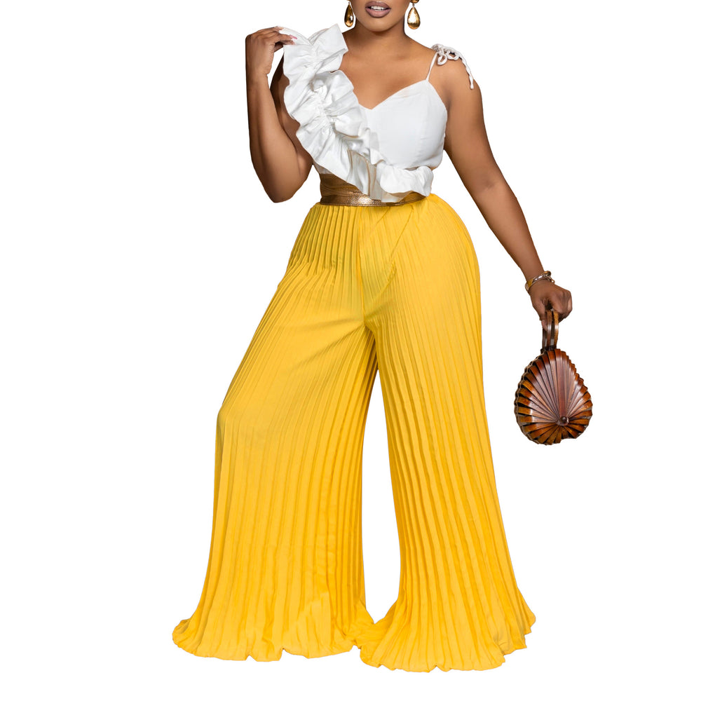 C8605 european and american style  foreign trade sexy ruffle sleeveless top wide leg pants fashion set
