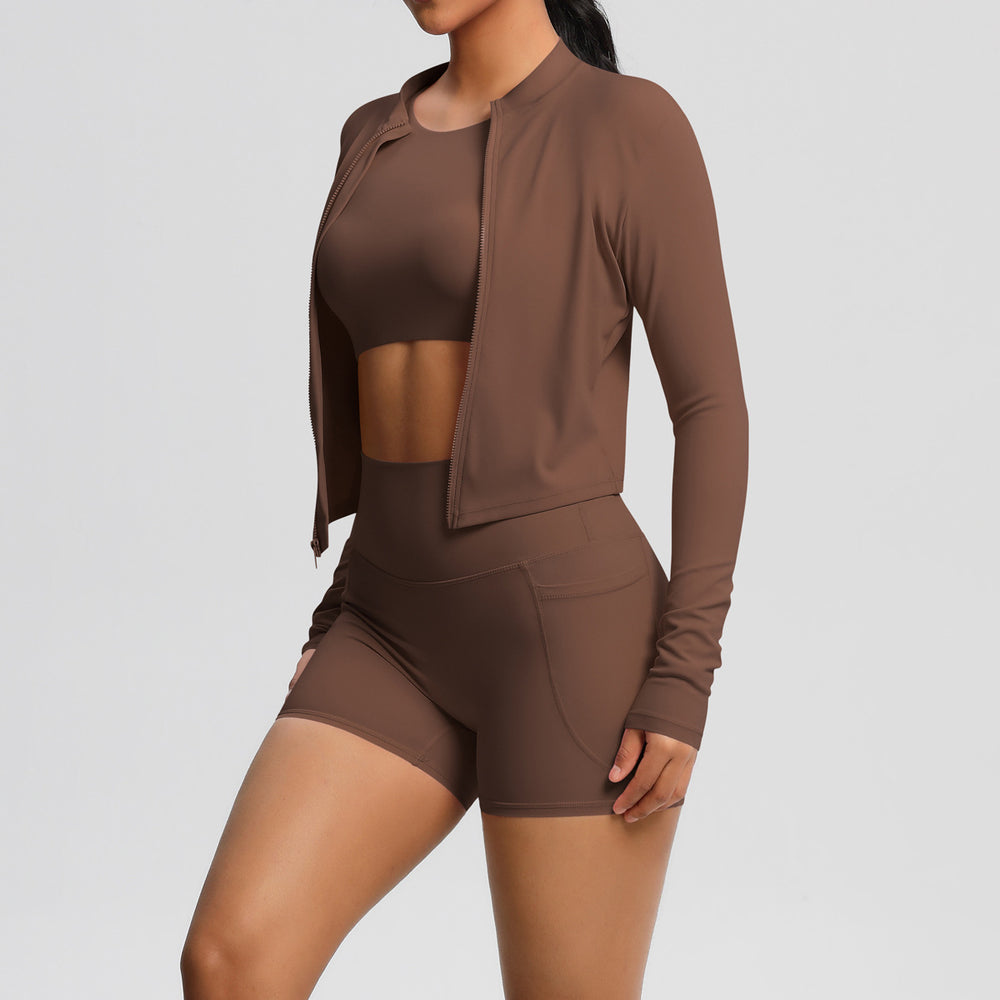 Fashionnew arrivalnude brushed long sleeves sports outwearcasualflap pocket pants shorts running butt lift yoga wear three-piece set