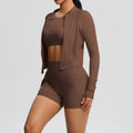 Fashionnew arrivalnude brushed long sleeves sports outwearcasualflap pocket pants shorts running butt lift yoga wear three-piece set