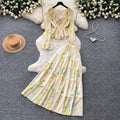 French romantic rose floral two-piece set for women - spring v-neck floral print lantern sleeve slimming chic outfit