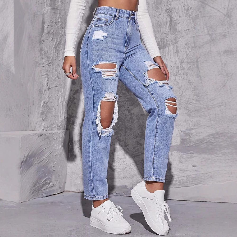 Amazon  distressed jeans for women - new european and american trendy washed ripped high-waisted straight-leg pants