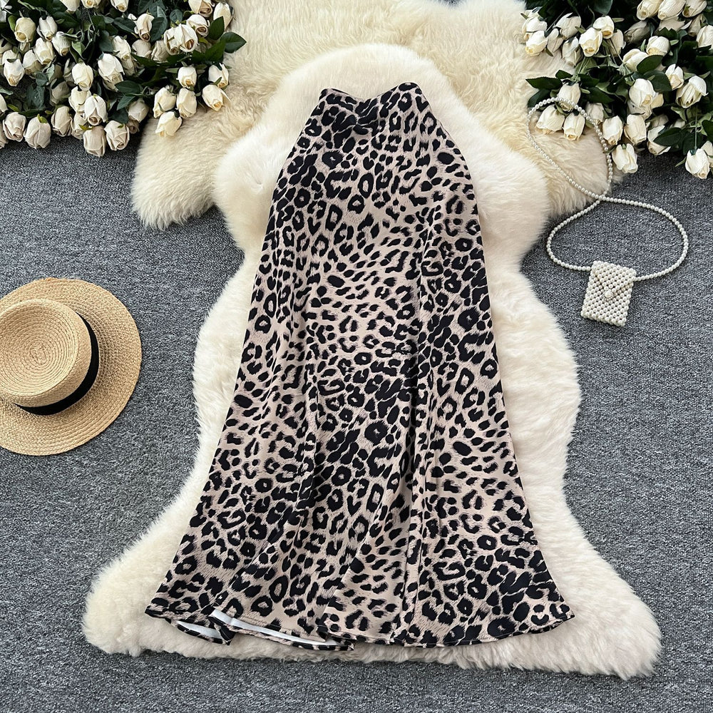 Classyelegant leopard print printingsatin skirt women's summerfrencheasiest for matchsilmslimming look mid-length mermaid dress