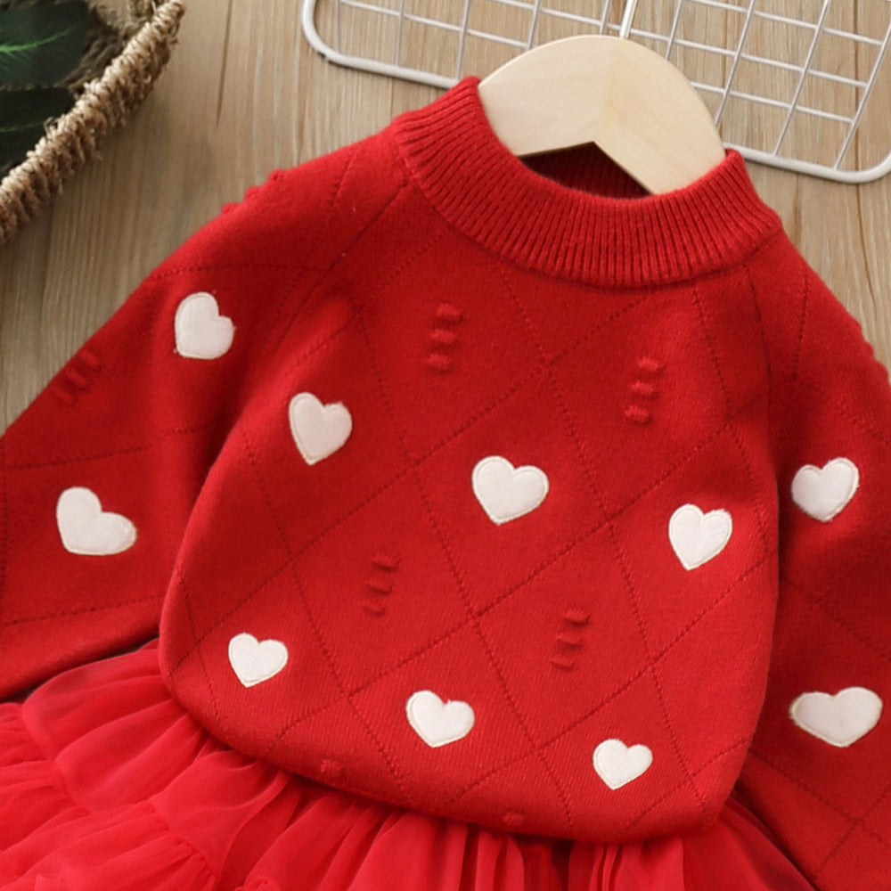 Girls' sweater new autumn and winter heart embroidery knit pullover top baby girl festive warm base layer set