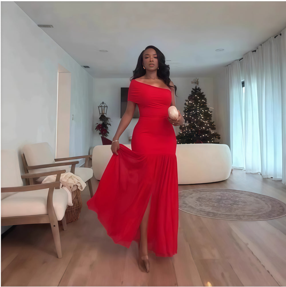 European and american cross-border women's fashion:  spring new arrival - solid color sleeveless asymmetrical neck ruched bodycon slit maxi dress