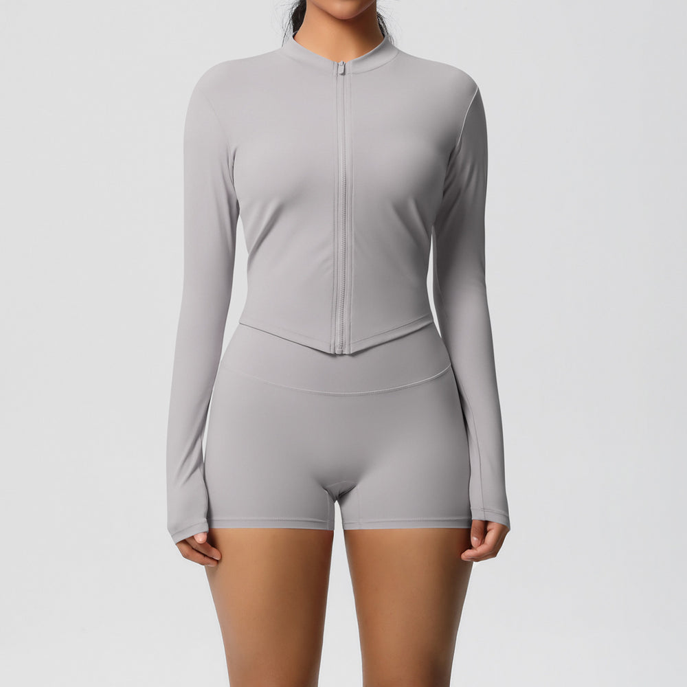 Ready-to-ship cross-border double-sided brushed solid color fitted zip-up jacket yoga set workout running fitness set for women
