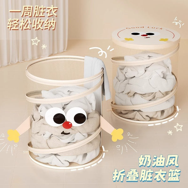 Large capacity foldable storage basket with lid, bathroom dirty laundry basket, toy clothing storage bucket, drum-shaped storage basket