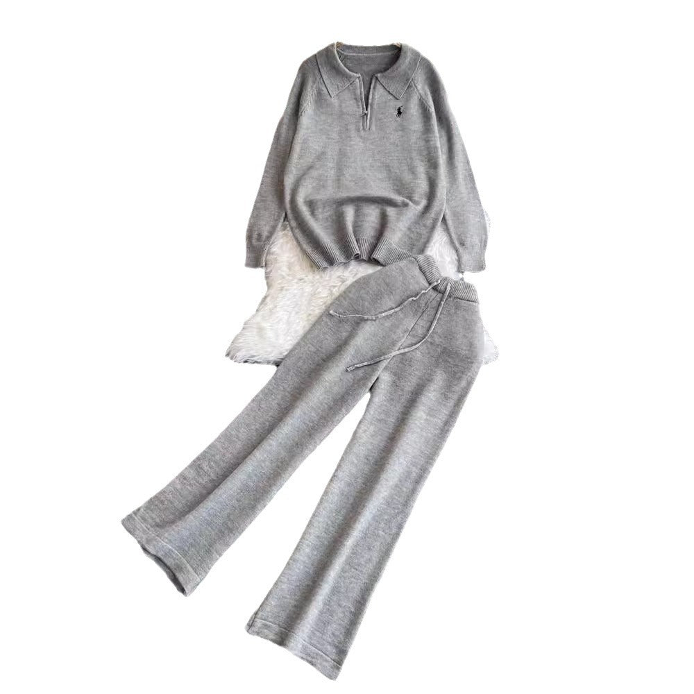 Fashionsuitfemalek-stylelong sleeves lapel looseknitting shirt sweatertwo-piece setcasualhigh waiststraight-legloose pants