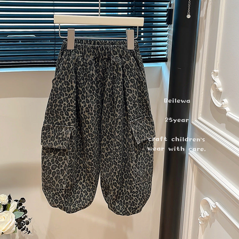 New girls' autumn outfit: versatile leopard print casual pants for baby girls, korean style, trendy and stylish children's wear
