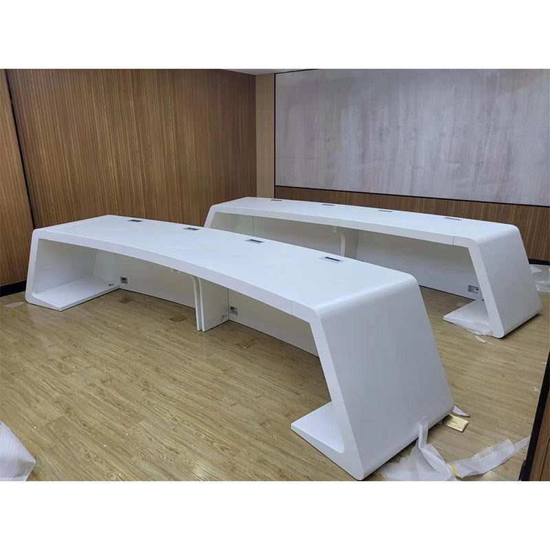 Saint li's futuristic surveillance console, command center curved control desk, central control room monitoring station, and workstation