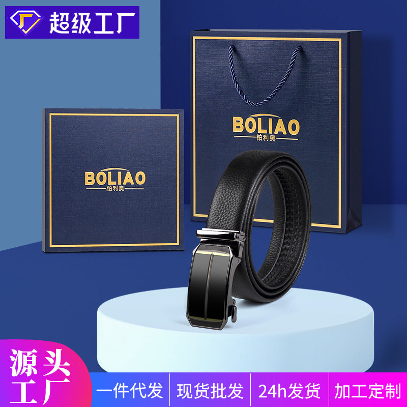 Brand leather men's belt gift box automatic buckle belt first layer cowhide belt boys business belt wholesale