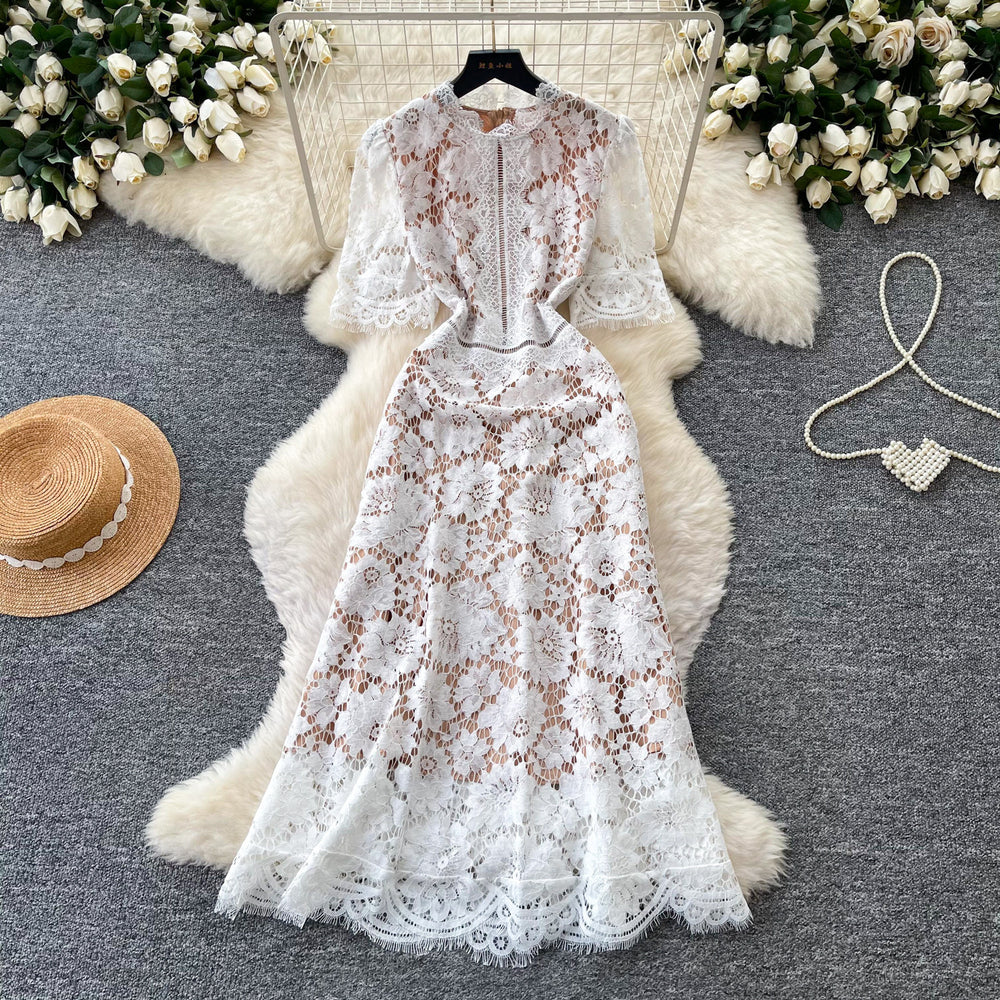 French sweet style pink hollow-out lace dress - women's summer korean style, slimming a-line dress for work and everyday wear