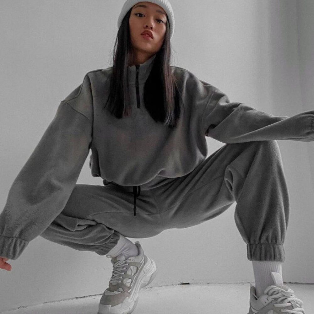 2025 spring/autumn hot-selling new women's amazon fashion solid color loose zip-up stand collar hoodie casual 2-piece set
