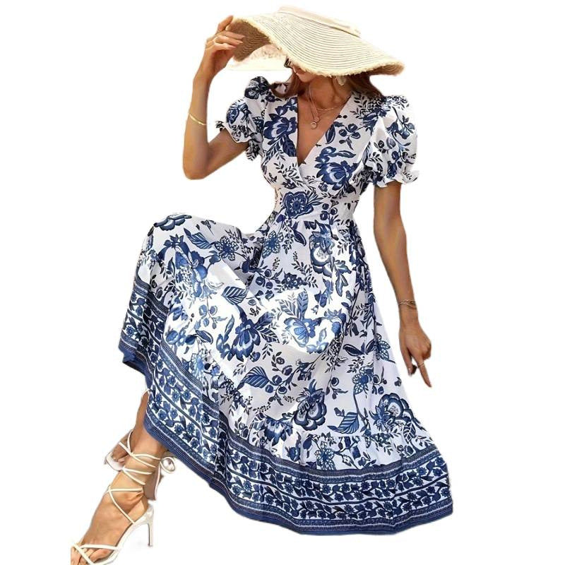 Aliexpress new women's bubble sleeve printed vacation dress