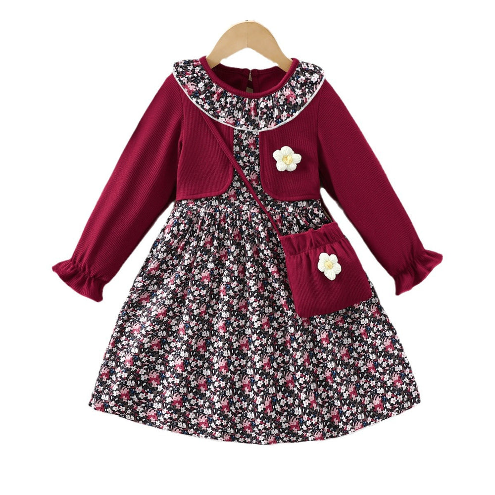 girls' floral knit patchwork dress top princess dress autumn ruffle collar new long sleeve children's wear